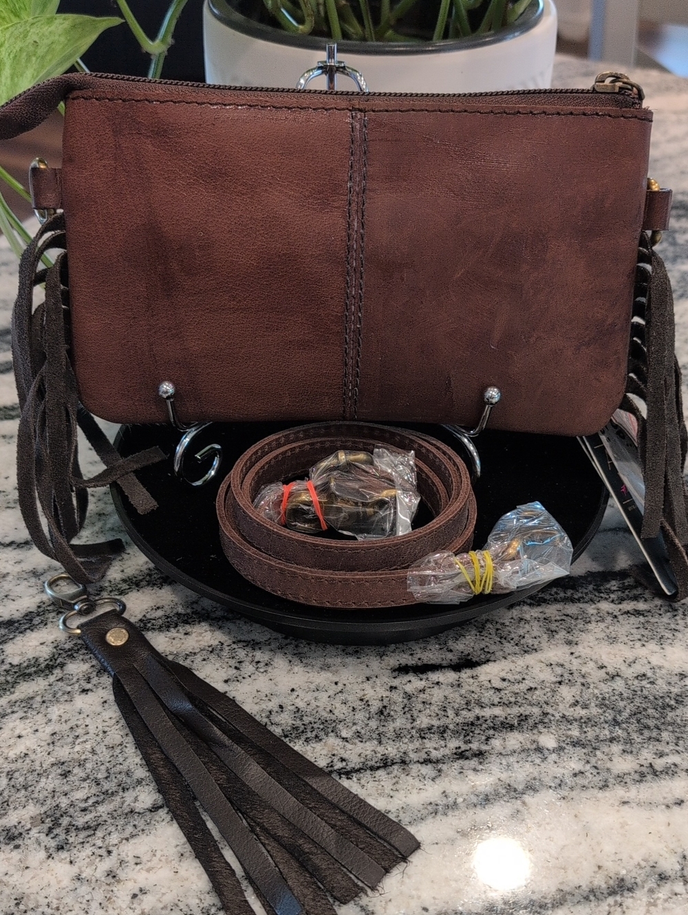 Calf Hair Cow Print Tooled Leather Fringe Crossbody Bag - Picture 2 of 4
